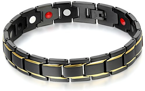 JewelryWe Schmuck Herren Armband, Doppelreihe Schwarz & Gold Armreif, Starken Magnet Edelstahl, 22cm