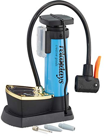 Relaxdays Unisex – Erwachsene Fußpumpe mit Manometer, alle Ventile, 3 Aufsätze, 10 bar Druck, Fahrrad, Ball, HBT: 18,5 x 14 x 9,5 cm, blau, 1 Stück