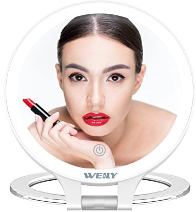 WEILY Schminkspiegel mit Beleuchtung, 10X/1X Vergrößerung Doppelseitiger Kosmetikspiegel mit 3 Farbigen, Wandspiegel Wiederaufladbarer Klappbarem, für Make-up und Badezimmer(Weiß)