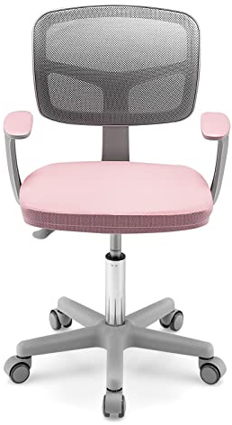 GYMAX Kids Desk Chair,Height Adjustable Children Swivel Chair w/ Armrests,Lockable Wheels & Removable Seat Cushion,Child Study Chair Girls Boys (Pink+Grey),54 x 54 x 80-92 cm(L x W x H) (GYHY10040)