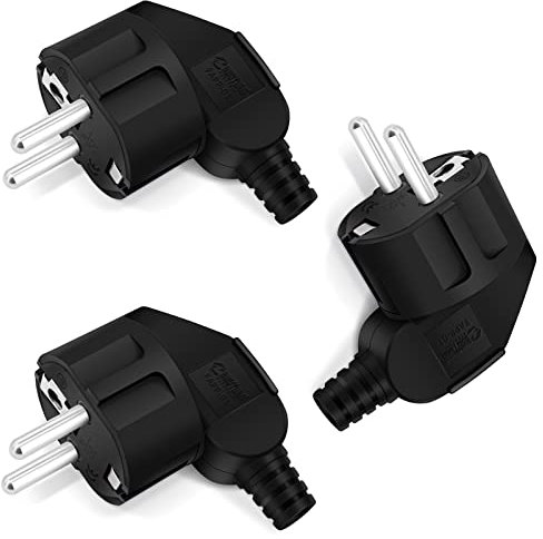 Schuko Stecker 3 Stücke, Schutzkontakt-Stecker mit Knickschutztülle, Stecker Winkelstecker 250V(16A) für 8-10mm Kabel, Schukostecker außenbereich, Schwarz
