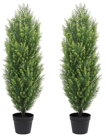 THE BLOOM TIMES 3ft Topiary Trees Artificial Outdoor 2 Pack – UV Resistant Faux Cedar Pine Cypress Bushes and Shrubs, Fake Potted Plants for Front Porch Outside Planter Patio Decor, Set of 2 (3 Foot)