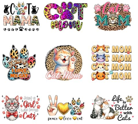 9pcs Cat Mom Iron On Decals Thermal Transfer Stickers for Clothing Appliqued Sublimation Patches Iron On Transfer Designs Heat Press Vinyl for Shirts Pillow Covers