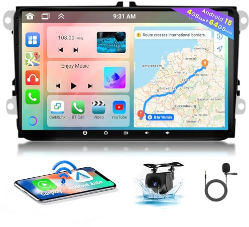 Hikity 8 core 4+64GB Android 15 Autoradio für VW Golf 5 6 Passat Polo Tiguan Touran Caddy Skoda, 9 Bildschrim Radio mit Wireless CarPlay Android Auto Bluetooth Freisprecheinrichtung GPS WiFi DSP