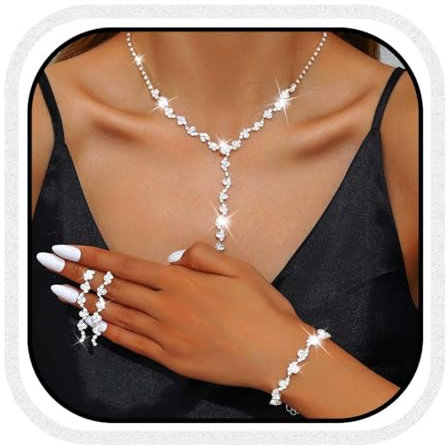 Reaky Brautschmuck-Set, silberfarbene Strass-Halskette, 3-teilig, Brautschmuck-Halsketten für die Hochzeit (Silber)