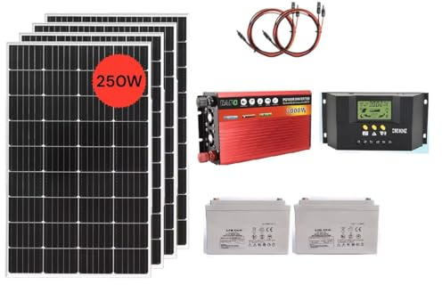 Kit Fotovoltaico Completo, 4 Pannelli Solari 250W Monocristallini, Inverter 3000W 12V, Regolatore 30A, 2 Batterie 120AH al Gel
