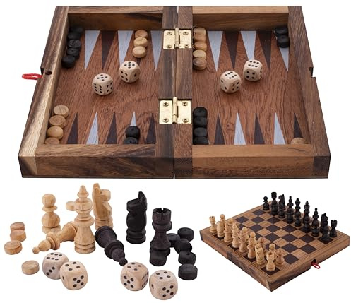 Engelhart - 350521 - Scacchi e Backgammon in Legno Sostenibile con Decorazioni Fini - 30 cm - Gioco da Tavolo 2 in 1 Pieghevole - Regole Multilingue e Pezzi Inclusi - Dai 6 anni