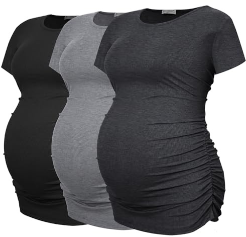 Smallshow Women's Maternity Clothes Ribbed Side Ruched Pregnancy Tops 3 Pack, Black-Deep Grey-Light Grey,L