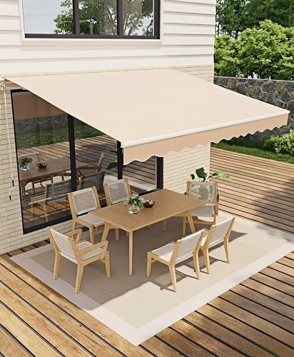 GarveeLife 13 ft x10 ft Manual Retractable Awning, Waterproof Sun Shade Patio Awning, Heavy Duty Aluminum Frame, 280 g Polyester Fabric, Adjustable Roll Out Awning for House, for Deck, Porch, Beige