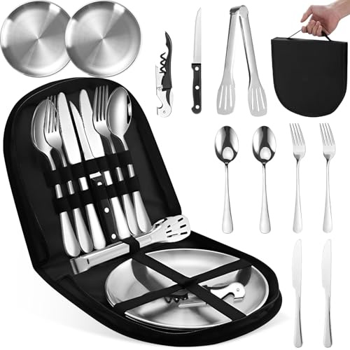 11 Pezzi Set Posate Campeggio per 2 Persone, Piatti Viaggio Portatili, Kit Stoviglie con Borsa Portatile, Cucchiaio, Forchetta, Coltello, Piastra, Posateria Acciaio Inox per Esterni, Picnic, Barbecue