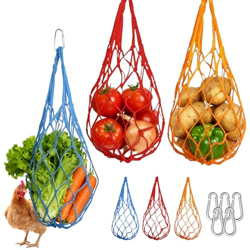 6 unidades de red de alimentación para colgar pollos y verduras, comedero automático con ganchos, accesorios para pollos, bolsa de malla de nailon, juguete para patos, gansos y pájaros