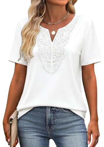 SCHOOLMOON Camiseta Manga Corta Mujer Verano Casual Cuello V Básica T-Shirt Elegante Encaje Color Sólido Blusas