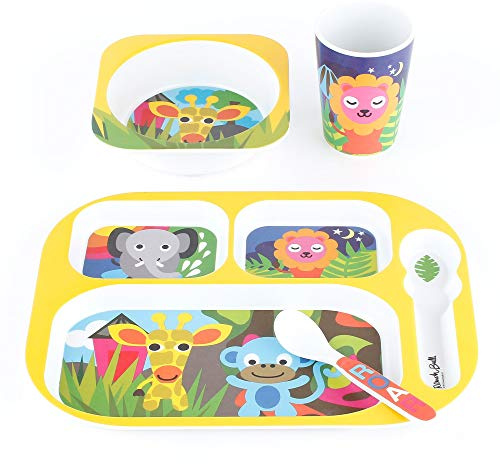 French Bull Toddler Kids Feeding Melamine Tableware Dinnerware Flatware BPA Free Dishwasher Safe, Durable Plate, Cup, bowl, Divided Tray Dinnerware Set - Jungle