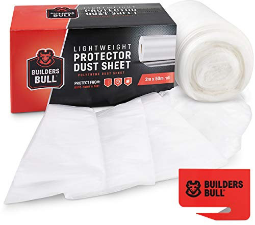 Builders Bull™ Dust Sheets for Painting | 2m x 50m Large Plastic Sheet Roll for Decorating | Lightweight Dust-Proof Plastic Sheeting for Floor Protection | Polythene Sheeting Furniture Cover