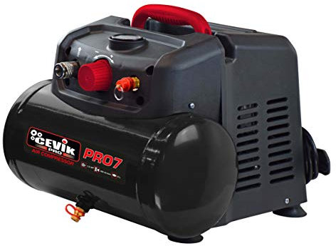 CEVIK PRO - CA-PRO7N - Compresor de Aire Monoblock - 75 dB - Capacidad 6 L - Motor de 1.5HP - Presión Máx 8 Bar - Caudal 160 l/min - Sin Aceite - Sin Mantenimiento - Ruedas Transporte - Asa Ergonómica