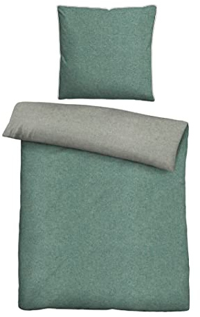biberna Melange-Flanell Bettwäsche 200x200 cm, 3-teilig mit 2X Kissenbezug 80x80 cm, 100% Baumwolle, Biber, mit Paspel, wärmend & weich, Reißverschluss, Winterbettwäsche, Uni, grün, Modell 0840500