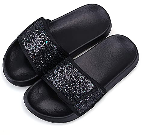 WYSFLY Ciabatte con glitter per ragazze Ciabatte estive moda Sandali con scivolo antiscivolo Scarpe da piscina da spiaggia leggere per interni ed esterni nero 34EU