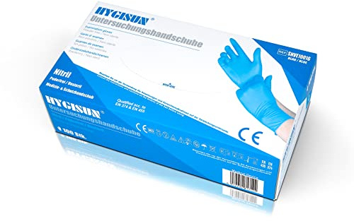 HYGISUN Lot de 100 gants jetables en nitrile non poudrés - Gants d'examen - Bleu - Tailles S, M, L, XL - Taille L
