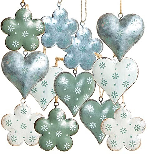 Logbuch-Verlag 12 Herzen Blumen Osteranhänger Osterschmuck mit Schnur zum Aufhängen Deko Geschenk Anhänger 6 cm weiß grün Silber Vintage