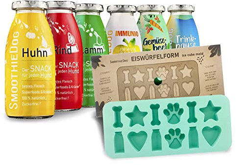 Hunde Smoothie SmoothieDog 6er Mix + Silikonform - je 1x: Huhn, Rind, Lamm, Ente, Immunio, Veggie - Hundeleckerlis selber machen - Backform - Eisform - zuckerfrei, glutenfrei - je 250ml
