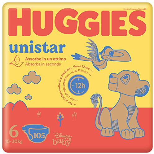 Huggies Unistar, Pannolini Taglia 6 (15-30 Kg), Design Disney, Protezione completa, 105 Pz