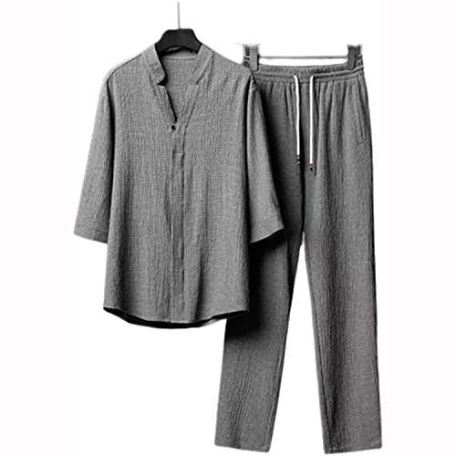 LULAND Conjunto de 2 Piezas de Lino para Hombre, Trajes de Vacaciones de Playa de Verano, Camisa de Manga Corta con Botones Informales, Conjuntos de Pantalones Largos Sueltos (Large,Grey)