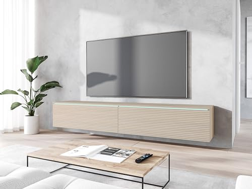 MINIO go for it - Lowboard TV Donna, 180 cm, Debout ou Suspendu, Meuble Salon, Panneaux de Particules stratifiés, Chêne Gaia avec Motif à lamelles, sans Éclairage