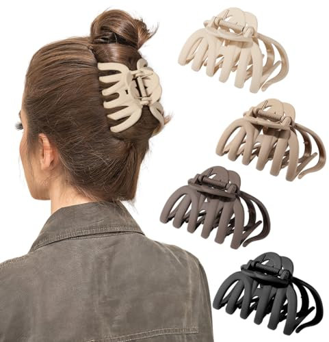 Shinowa 4 PCS Grandes Pinces à Cheveux, Pinces à Cheveux Griffe pour Cheveux Épais et Fins, 4 Couleurs Neutres, Pinces à Mâchoires Antidérapantes, Pinces à Cheveux Octopus pour Femmes et Filles, Set A