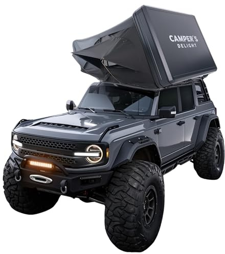 Camper´s Delight Autodachzelt | Hartschalen Pkw Pop-up Dachzelt für 2 Personen | Camping Reisezelt | 210x160x110cm | robust faltbar leicht mit Leiter | Roadtripp Outdoor Box | Klappdach in Anthrazit