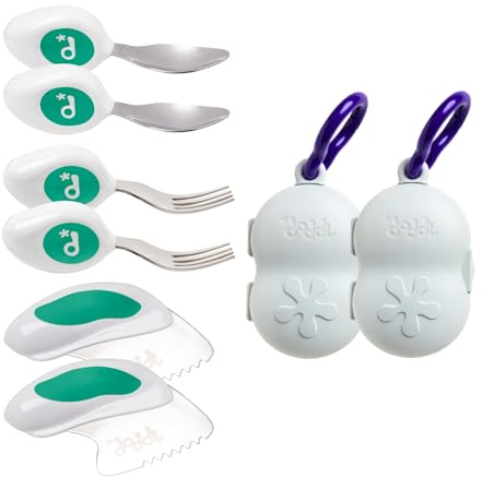 Doddl Cutlery Set for Children Toddlers & Babies 12 Months + 3 Piece Knife Fork & Spoon Cutlery Set Ergonomic Design to Promote Self-Feeding (Aqua + Case (Twin Pack), One Size)