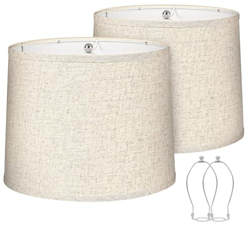 Lamp Shades Set of 2 – 𝟏𝟏.𝟔” 𝐓𝐨𝐩 𝐱 𝟏𝟐.𝟔” 𝐁𝐨𝐭𝐭𝐨𝐦 𝐱 𝟗.𝟖” 𝐇𝐢𝐠𝐡 Fits Harp-Style Bedside & Floor Lamp shades – 𝐃𝐫𝐮𝐦 𝐒𝐡𝐚𝐩𝐞 Easy Assembly (Ships Rolled Flat) (Beige, Medium)