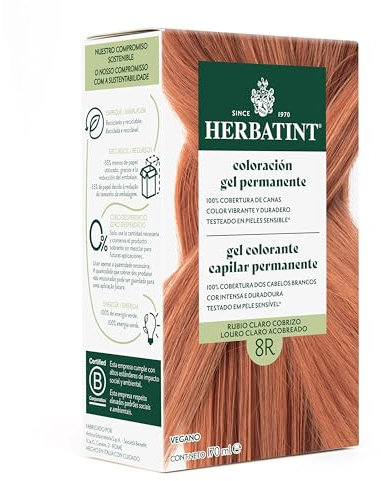 Herbatint Coloración para Cabello en Gel 8R Rubio Claro Cobrizo - 170 ml | Sin Amoníaco, Cobertura Óptima de Canas | con 8 Extractos Orgánicos, Ideal para Pieles Sensibles