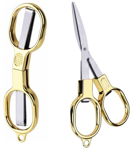 2pcs Mini Folding Scissors, Stainless Steel Small Foldable Cutter Pocket Badge Reel Scissors for Safety Portable Keychain Travel Home Office Craft Sewing Nurse Accessories (Gold)