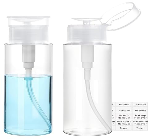 Push Down Pump Dispenser, 3.4oz Clear Pump Bottles with Alcohol, Acetone, Nail Polish Remover, Makeup Remover, Toner Stickers Empty Push Top Container for Liquid (100ml-2Pack)