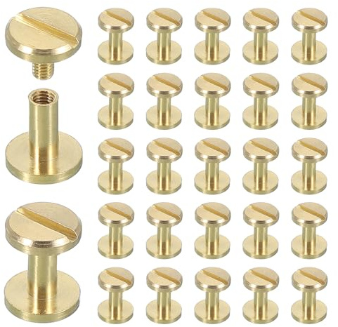 sourcing map 30 Sets Chicago Screw Rivets M4x8mm Metal Phillips Head Post Nail Rivet Stud Screws Connectors for DIY Leather Belt Bag Craft Bookbinding, Brass