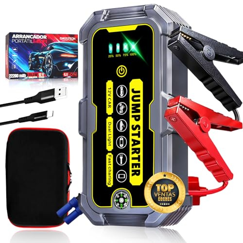GARRTECH® SUPER Arrancador De Baterias De Coche 10.000A ULTRA RÁPIDO | Arrancador De Coches 12V Para Motor 10L Gas o 9.0L Diésel | Arrancador De Coches Portatil con pinzas | Linterna Led De Emergencia