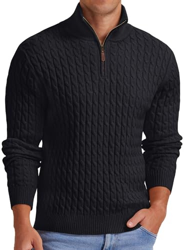 QIXING - Jersey de punto con cuello redondo y cremallera de un cuarto para hombre, suéter de punto grueso y suave con cuello redondo, suéter de punto con cremallera de un cuarto, jersey casual de