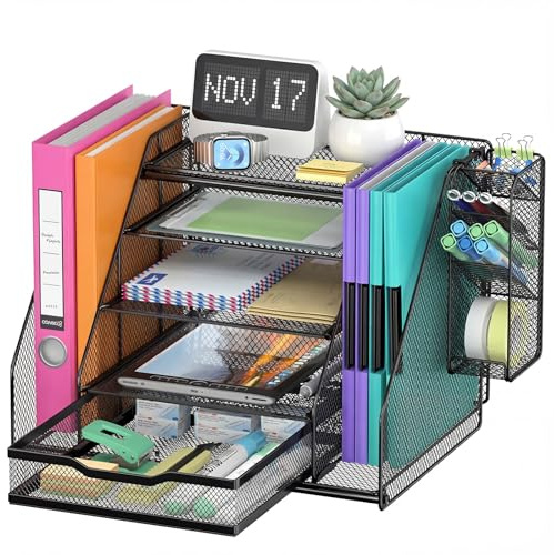 Upgraded Desk Organiser File Holder, 5-Tier Mesh Desk Tidy Organiser with Drawer & Pen Holders, Mesh Desk File Organiser with Magazine Holder for Office Supplies Home or School (Black)