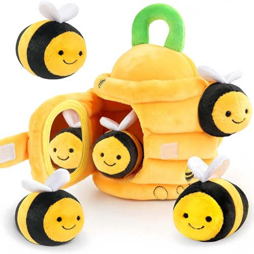 Sensory Toys, MEOAlBkey Soft Baby Beehive with 5 Bees Early Christmas Presents Rattle Crinkle Squeaker Baby Toys 6 to 12 Months Baby Gifts Hive Sensory Toys
