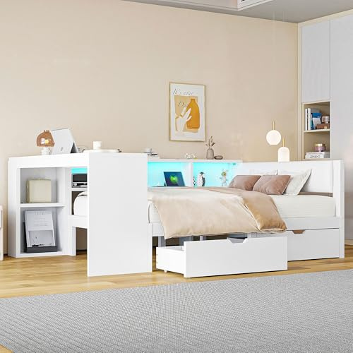 Gxffipw Tagesbett Doppelbett 140x200 cm mit LED Licht und USB, Schlafsofa Jugendbett Bett mit Stauraum und Schubladen, Holzbett Bettgestell mit Lattenrost und Schreibtisch, Weiß, Ohne Matratze