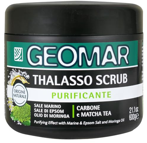 GEOMAR | Thalasso Scrub Corpo Purificante, Con Sale Marino, Sale di Epsom, Olio di Moringa ed estratti di Carbone e Matcha Tea, 95% di Origine Naturale, Made in Italy, 600 g