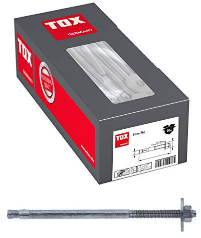 TOX Bolzenanker Slim Fix M12x255/161+176, zwei Verankerungstiefen für Befestigung unterschiedlicher Anbauteilstärken, große Scheibe speziell für Holzkonstruktionen, 20 Stück im Karton, 08010135