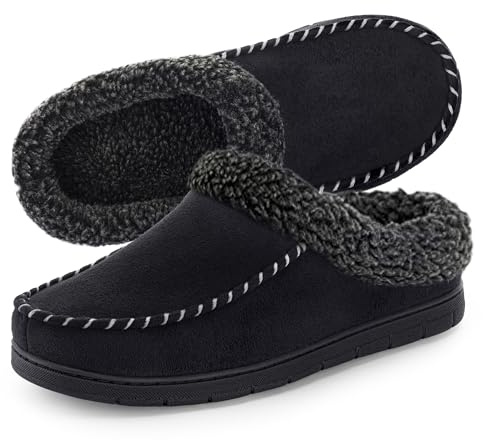 ULTRAIDEAS Men's Warm Fuzzy Moccasin Clog Slipper, Slip on Winter Comfy Indoor/Outdoor House Shoes(Black, 13-14)