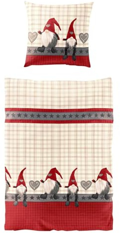 Traumschlaf Biber Bettwäsche Wichtelmänner – warme Winterbettwäsche aus 100% Baumwolle – flauschig weich und hautfreundlich – Weihnachtsdesign mit Wichteln und Herzmotiv – 135x200 cm + 80x80 cm