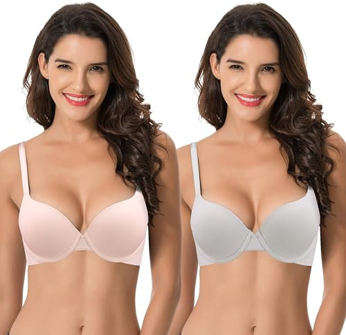 Curve Muse Lättlyft för kvinnor Lägg till 1 kopp tryck upp-bygel-konvertibel T-shirt-BH-2-Packa-Lt GråRosa-90E