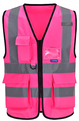 A-SAFETY Pink Safety Vest with Pockets Hi Viz Zipper Front Working Safety Vest with Reflective Strips, Multiple Colors Available,Large