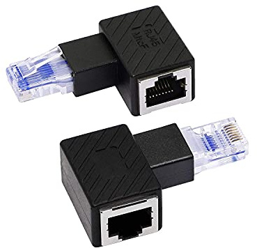 RIIEYOCA Ethernet-adapter med höger vinkel, 90 graders RJ45 Hane till kvinnlig förlängning Cat6 LAN-nätverkskontakt för datorer, bärbara datorer, routrar (2-pack) svart(R)