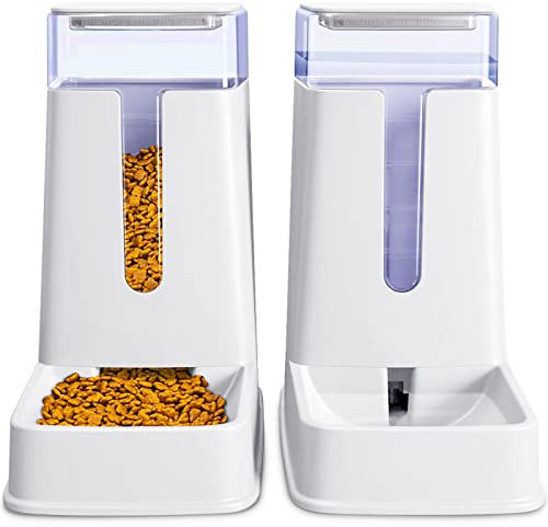 Mangiatoia automatica per gatti e distributore d'acqua in set da 2 confezioni da 1 gallone per cani di taglia piccola, media e grande, cuccioli, gattini (bianco)