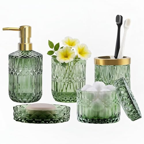 LaMarriti Green Bathroom Accessories Set, 5Pcs Clear Glass Bathroom Set Accessories, Soap Dispenser, Soap Dish, Toothbrush Holder Set, Tumbler, Qtips Holder for Vintage Crystal Bath Decor