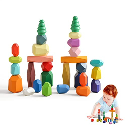 Promise Babe Montessori Giocattoli in Legno per Bambini - 28 PCS Alberi della Foresta, Pietre Bilanciamento e Costruzione - Giocattoli Impilamento e Ordinamento
